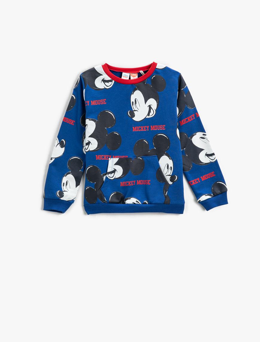  Erkek Bebek Mickey Mouse Baskılı Sweatshirt Lisanslı Kanguru Cepli Uzun Kollu