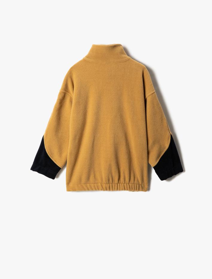 Erkek Çocuk Polar Sweatshirt Dik Yaka Yarım Fermuarlı Kanguru Cepli Kontrast Renkli