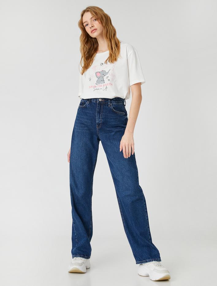  Bisiklet Yaka Tişört Baskılı Kısa Kollu Rahat Kesim