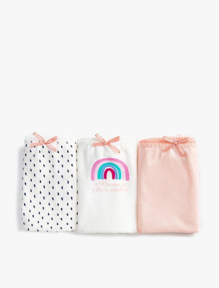  3'lü Brief Külot Desenli Baskılı Kurdele Detaylı