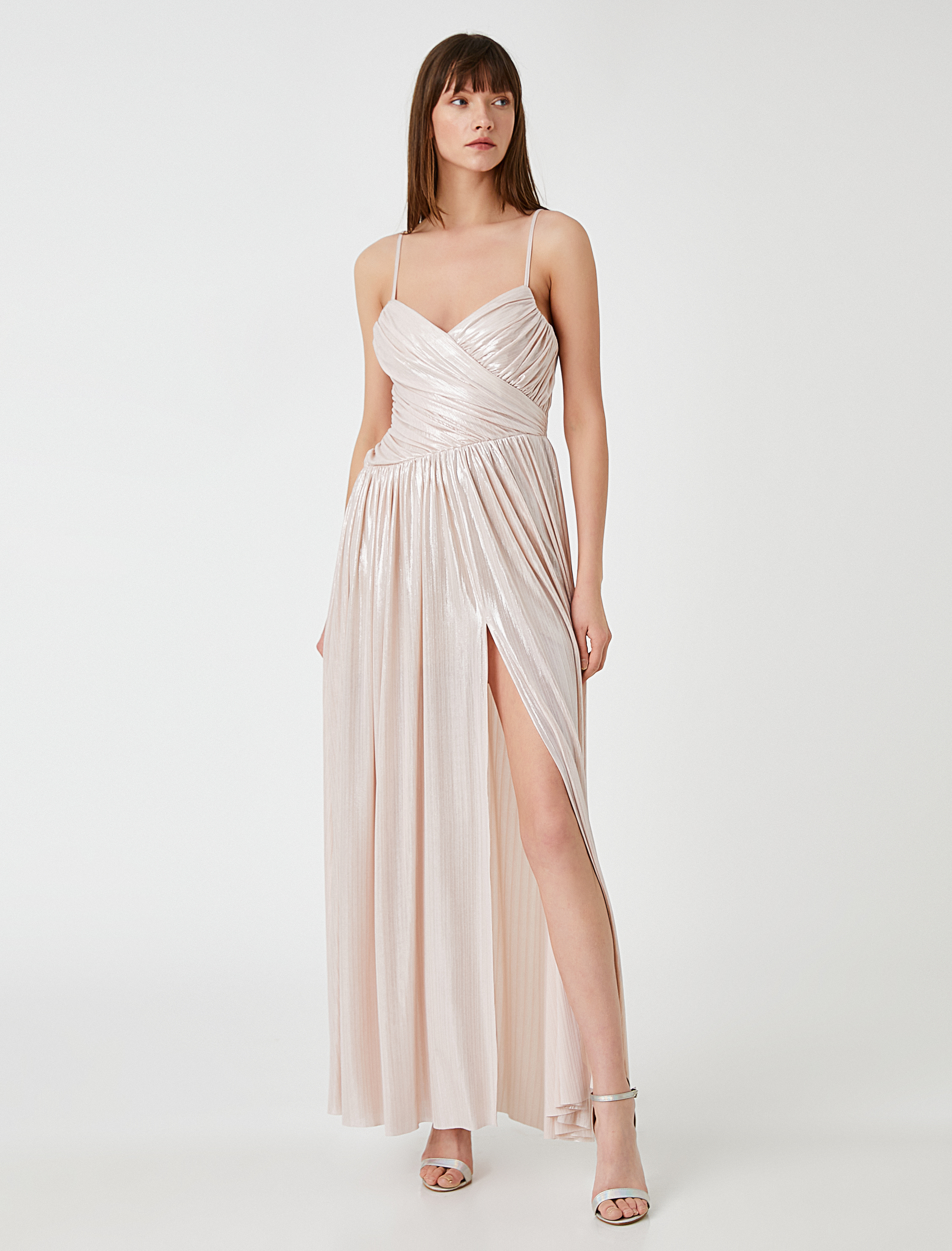   Uzun Abiye Elbise Drapeli Askılı Parlak