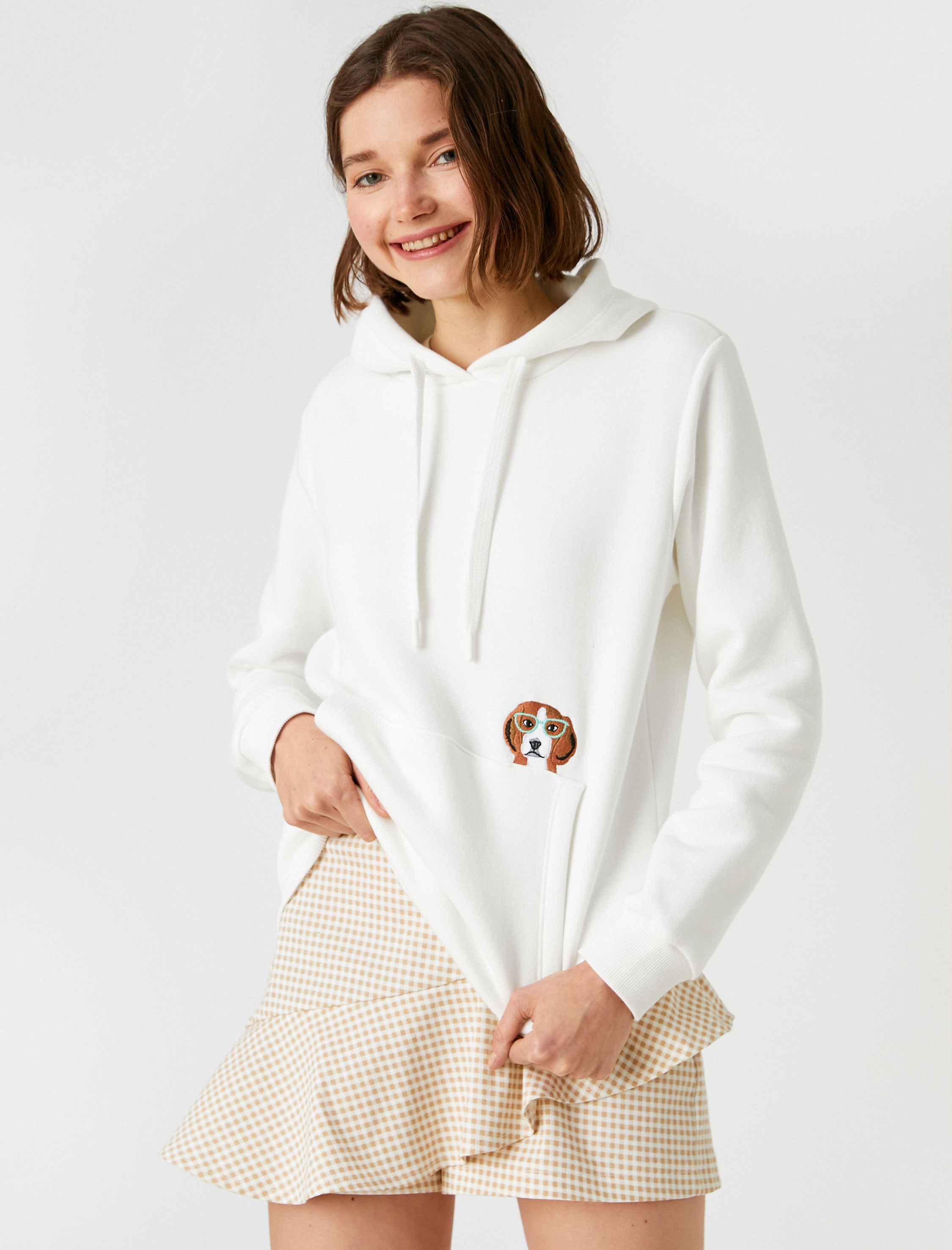   İşleme Detaylı Kapüşonlu Sweatshirt Kanguru Cepli İçi Polarlı