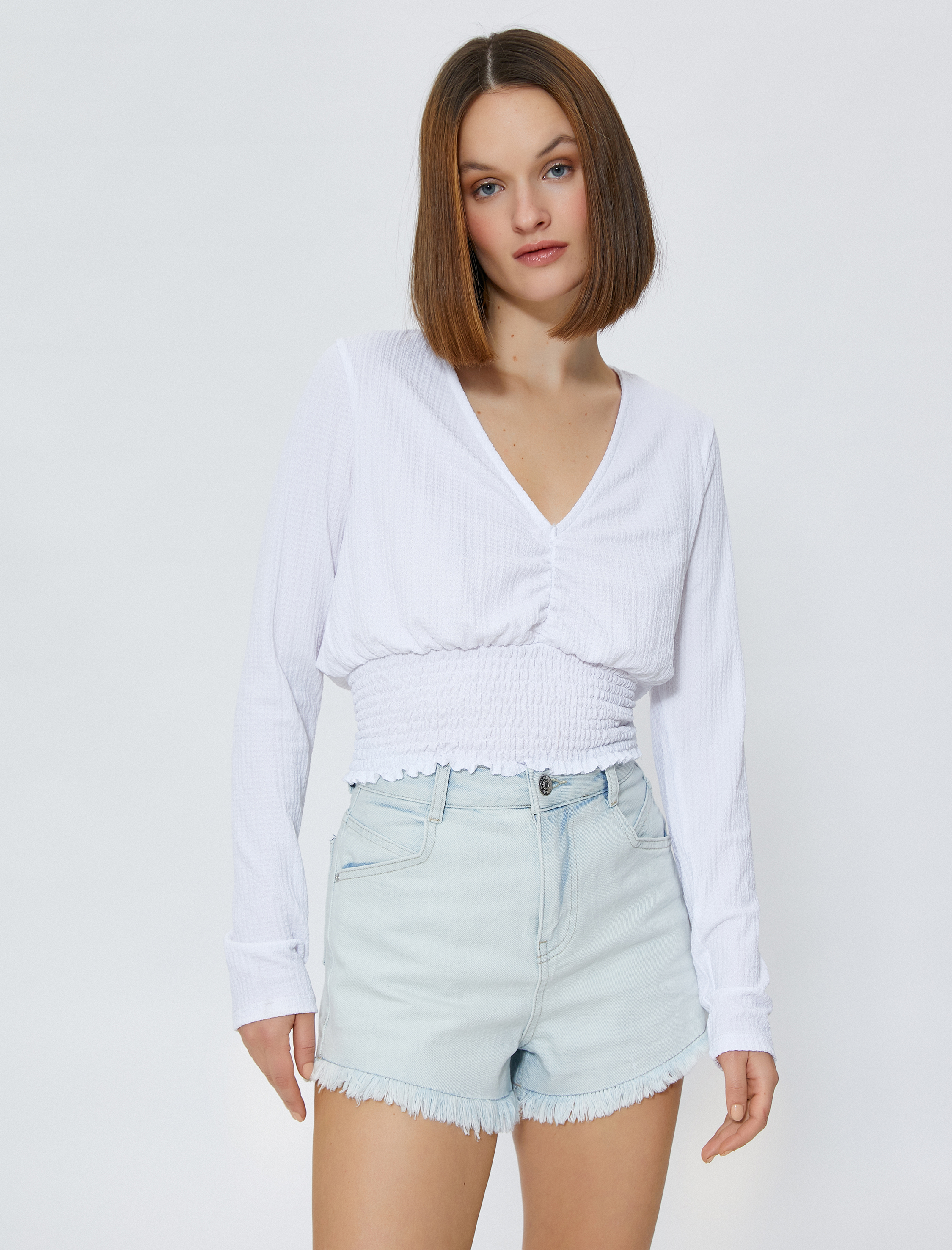   Gipeli Crop Bluz V Yaka Uzun Kollu