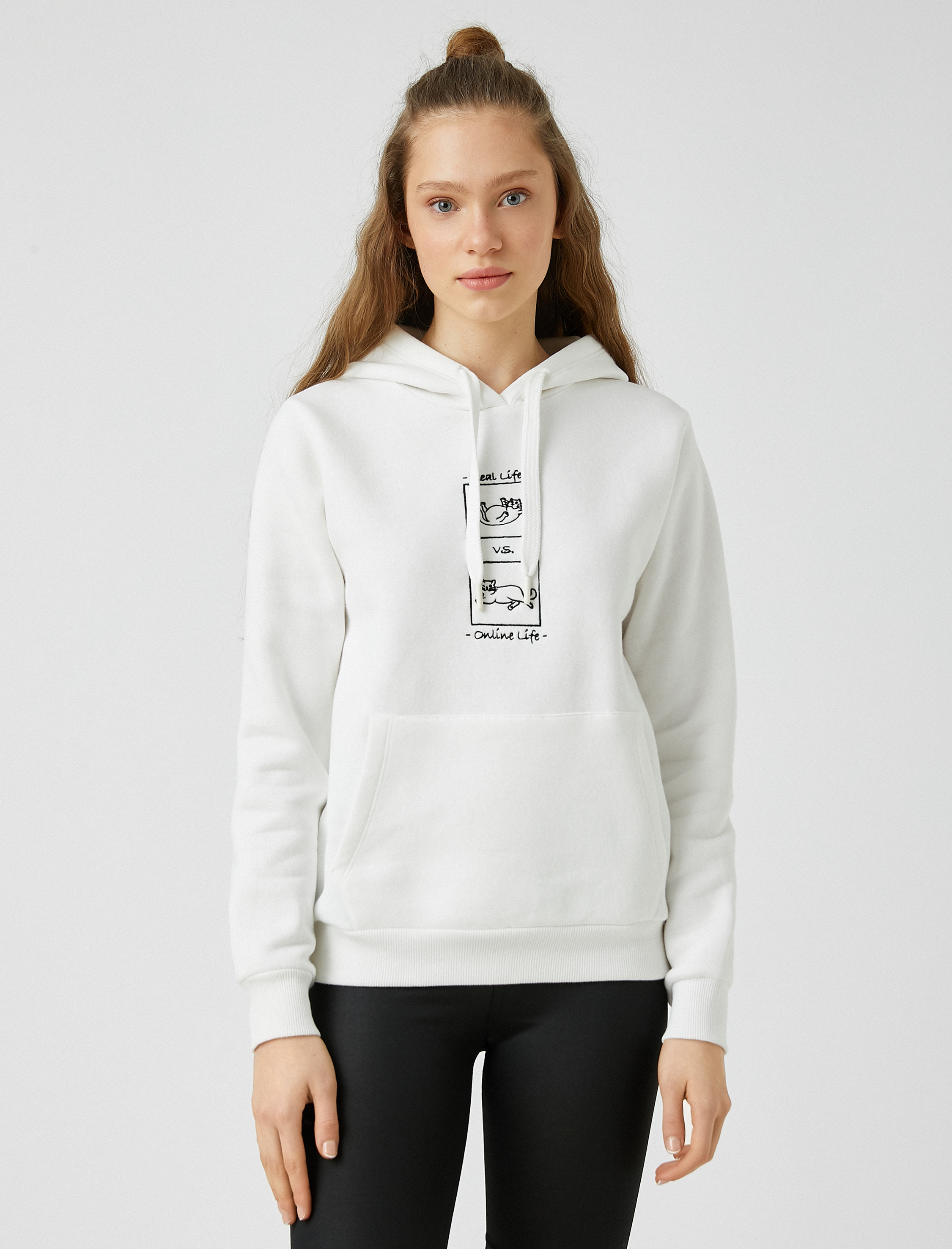   Kedi Baskılı Kapüşonlu Sweatshirt Uzun Kollu İçi Polarlı