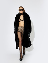 Uzun Suni Kürk Peluş Oversize Kaban Uzun Kollu Cepli Astarlı