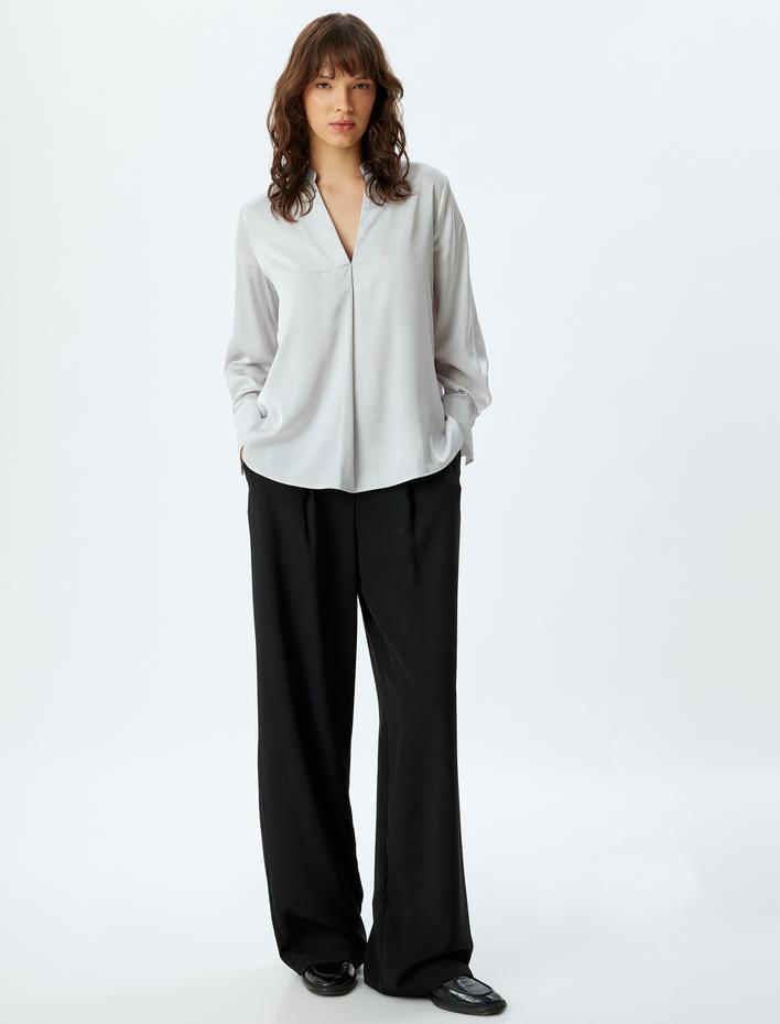  Saten Bluz Hakim Yaka Manşetli Uzun Kollu