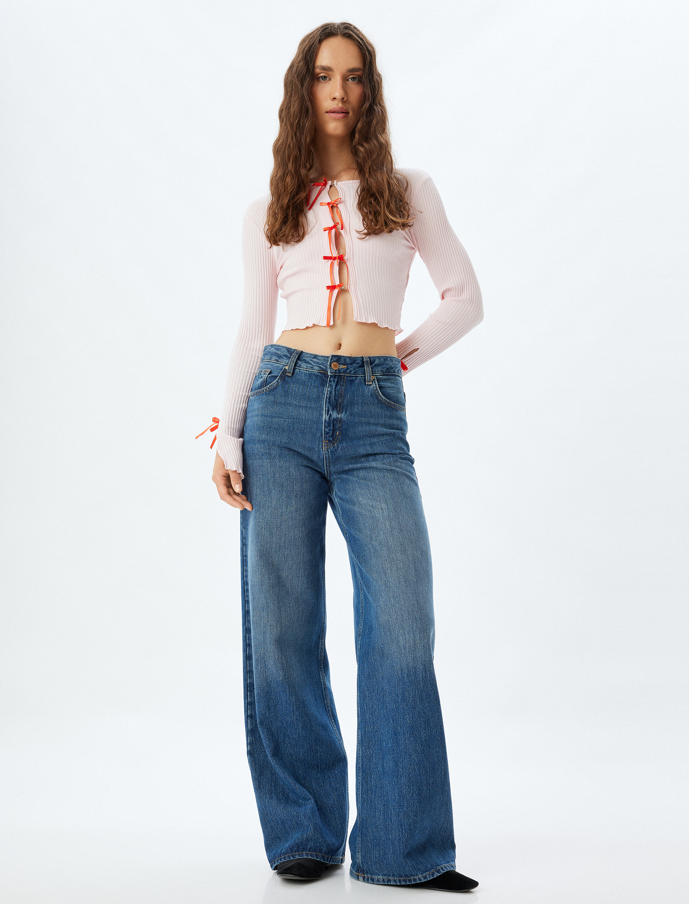 Fiyonklu Crop Hırka Fitilli Slim Fit Uzun Kollu Yuvarlak Yaka Pamuklu