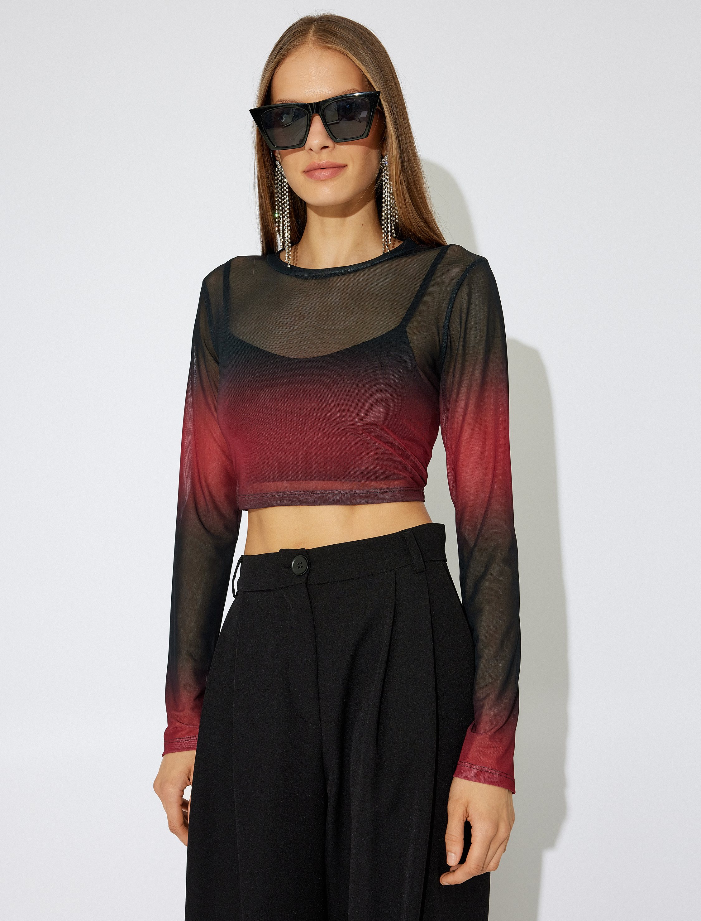 Degrade Uzun Kollu Yuvarlak Yaka Tül Crop Tişört