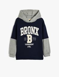 Kapşonlu Sweatshirt Renk Bloklu Brooklyn Baskılı Uzun Kollu Şardonlu