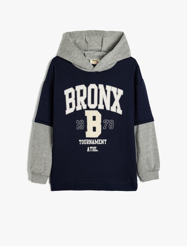 Kapşonlu Sweatshirt Renk Bloklu Brooklyn Baskılı Uzun Kollu Şardonlu_0