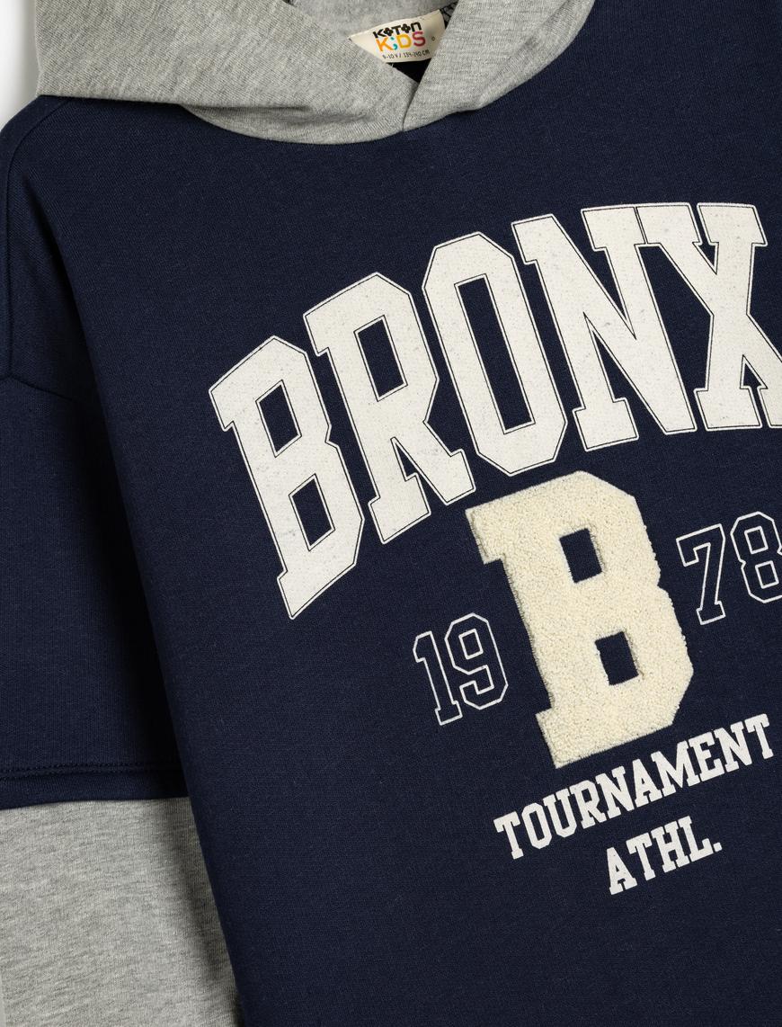  Erkek Çocuk Kapşonlu Sweatshirt Renk Bloklu Brooklyn Baskılı Uzun Kollu Şardonlu