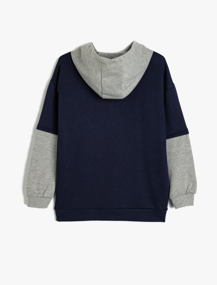 Erkek Çocuk Kapşonlu Sweatshirt Renk Bloklu Brooklyn Baskılı Uzun Kollu Şardonlu