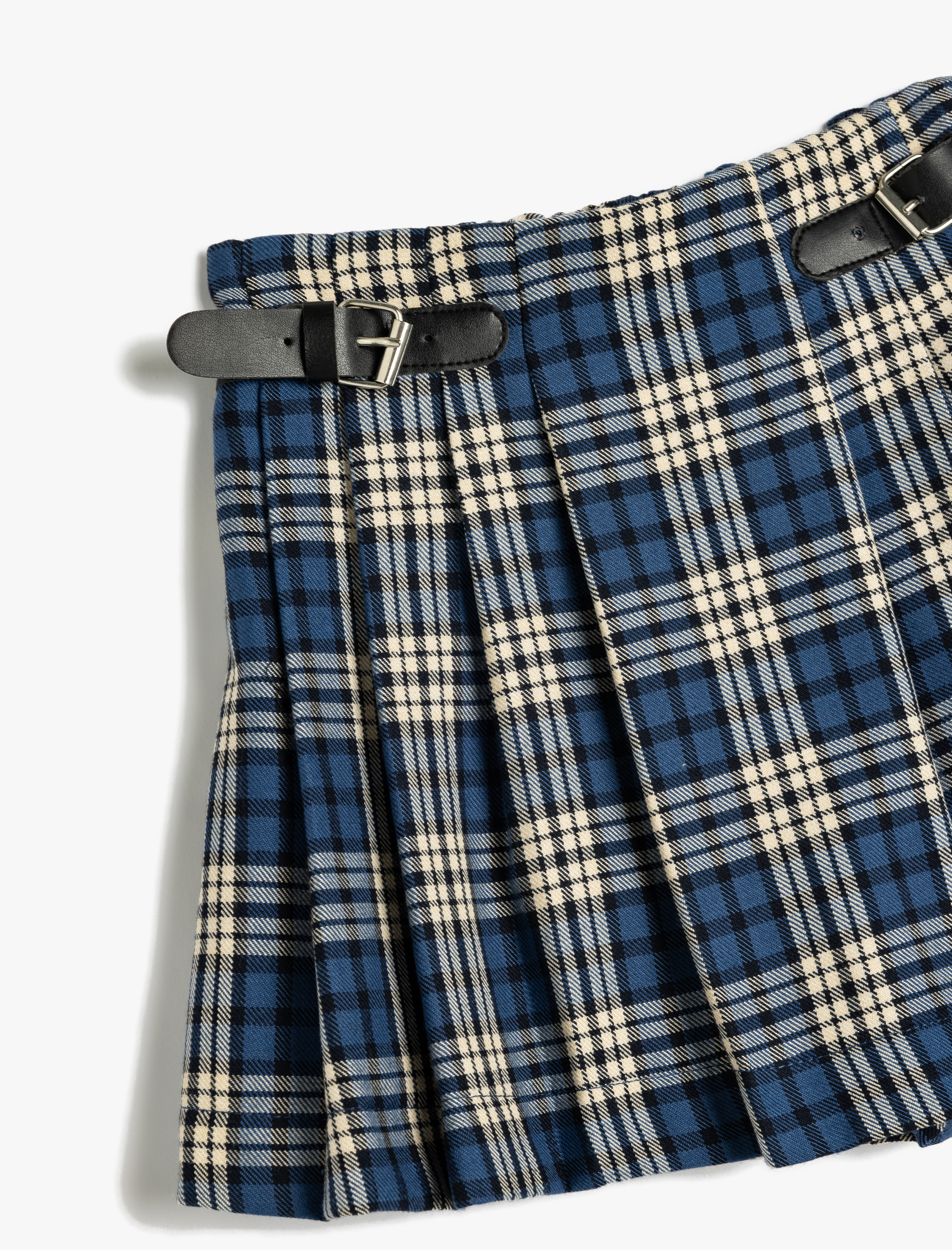  Kız Çocuk Kemer Detaylı Pileli Ekoseli Viskon Karışımlı Şort Etek