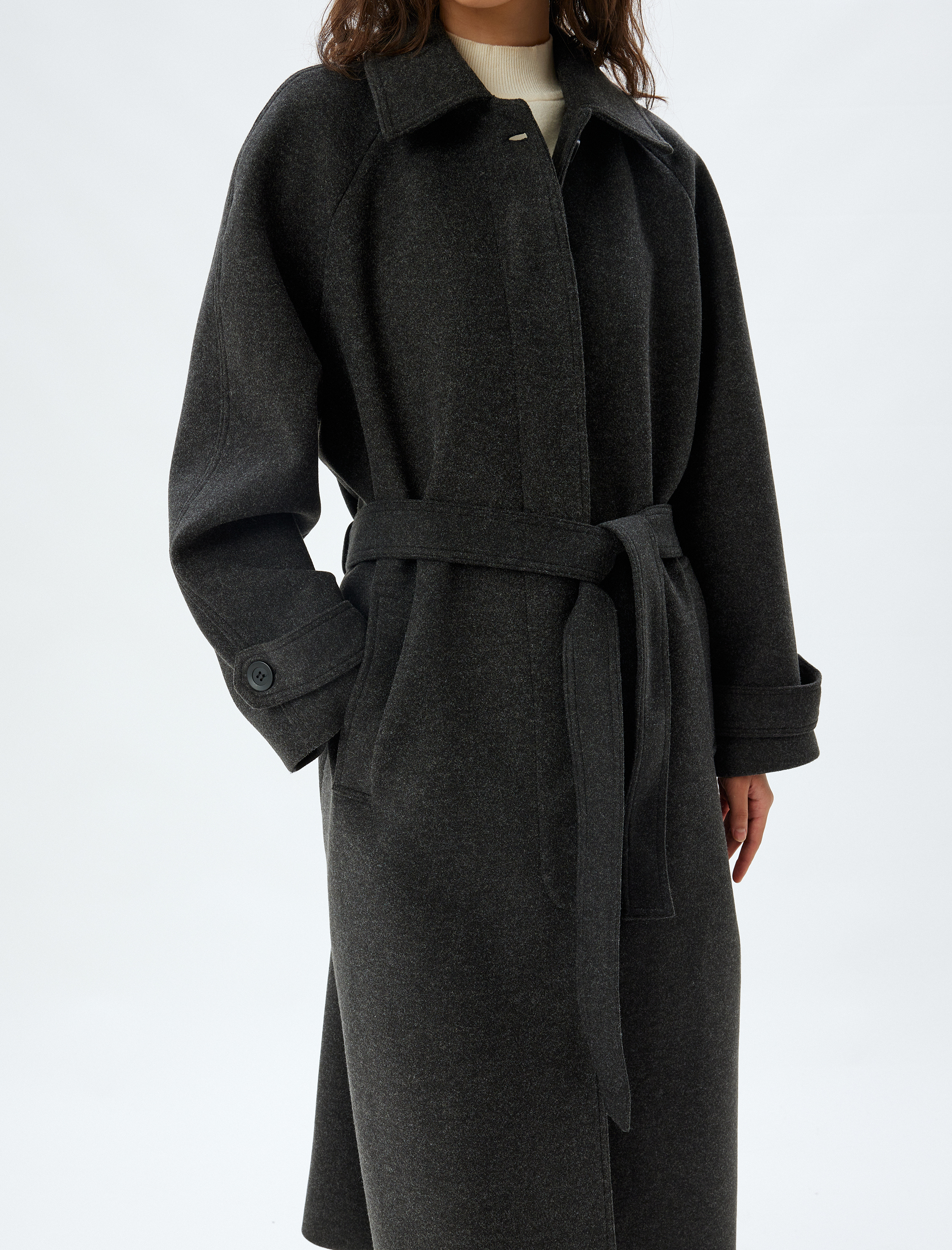   Kuşak Detaylı Cepli Kruvaze Ekstra Uzun Kaşe Kaban