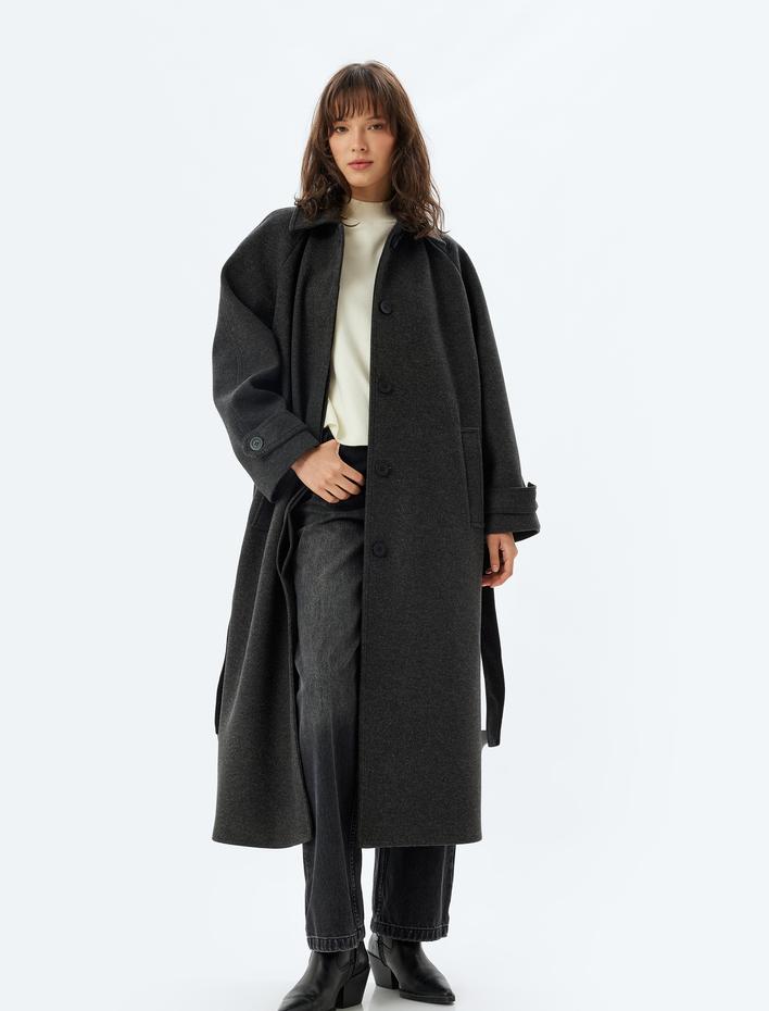  Kuşak Detaylı Cepli Kruvaze Ekstra Uzun Kaşe Kaban