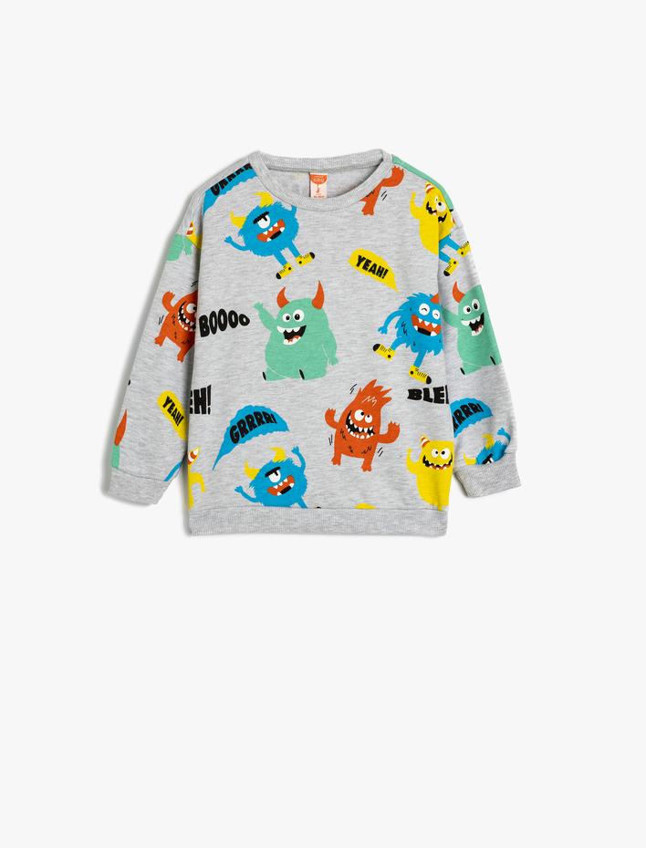 Erkek Bebek Sweatshirt Canavar Baskılı Uzun Kollu Şardonlu