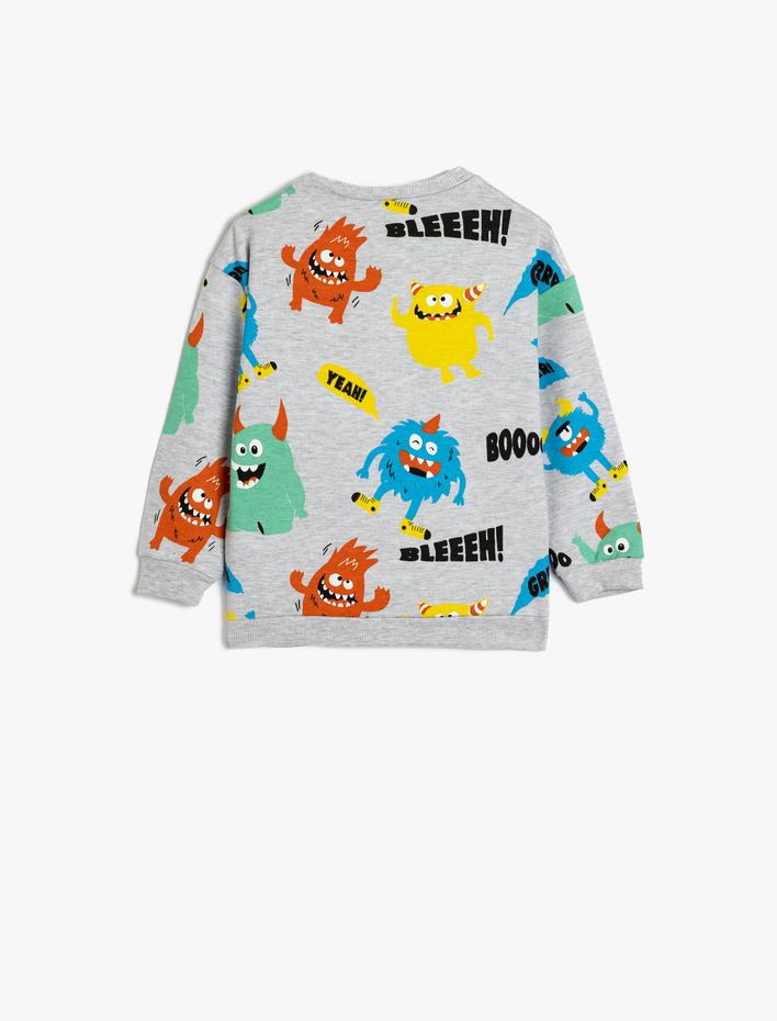 Erkek Bebek Sweatshirt Canavar Baskılı Uzun Kollu Şardonlu
