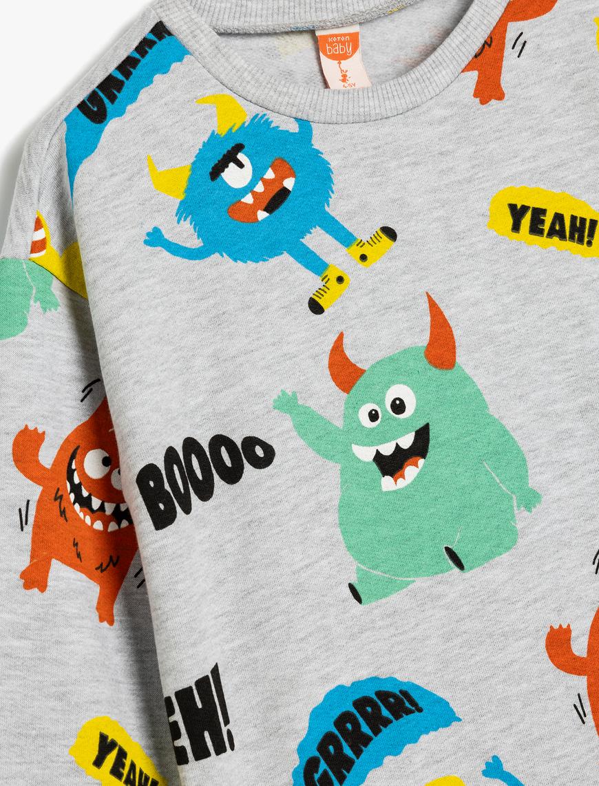  Erkek Bebek Sweatshirt Canavar Baskılı Uzun Kollu Şardonlu