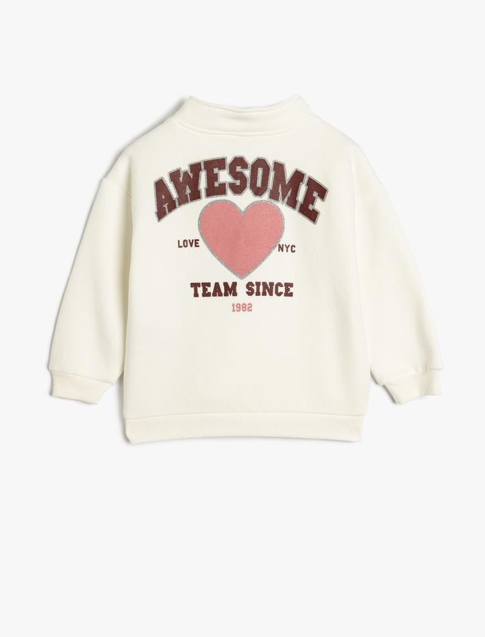 Kız Bebek Sweatshirt Dik Yaka Uzun Kollu Yarım Fermuarlı Baskı Detaylı Şardonlu