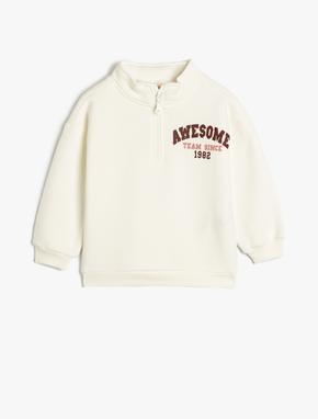 Sweatshirt Dik Yaka Uzun Kollu Yarım Fermuarlı Baskı Detaylı Şardonlu