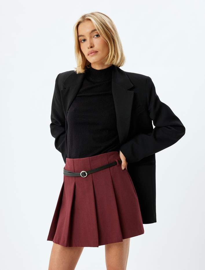  Pileli Mini Etek Kemerli Standart Bel