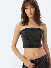 Crop Straplez Büstiyer Soluk Efektli Pamuklu Slim Fit