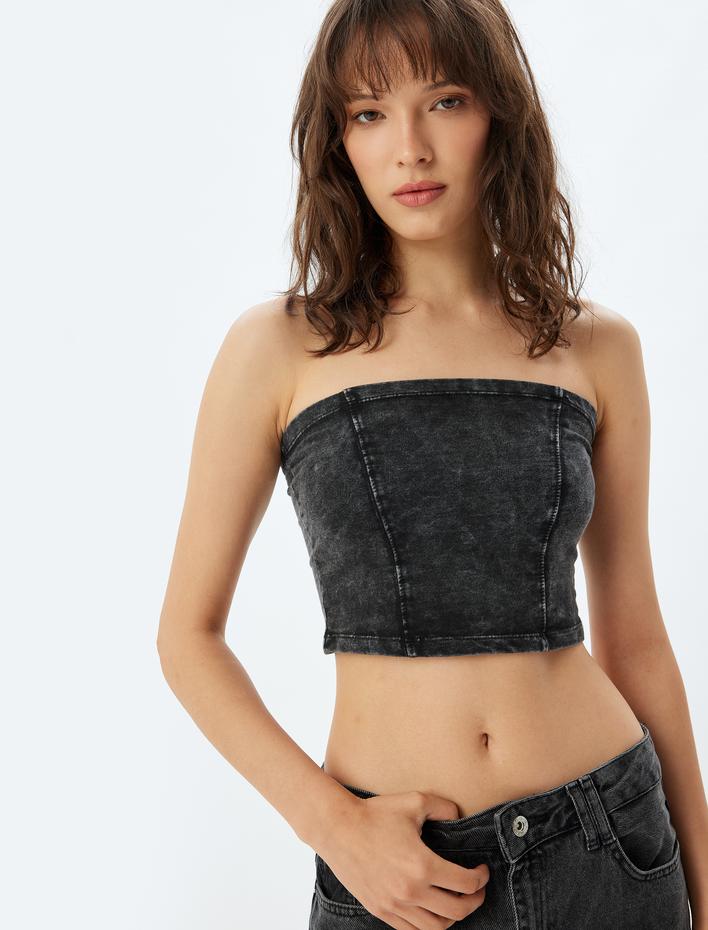  Crop Straplez Büstiyer Soluk Efektli Pamuklu Slim Fit