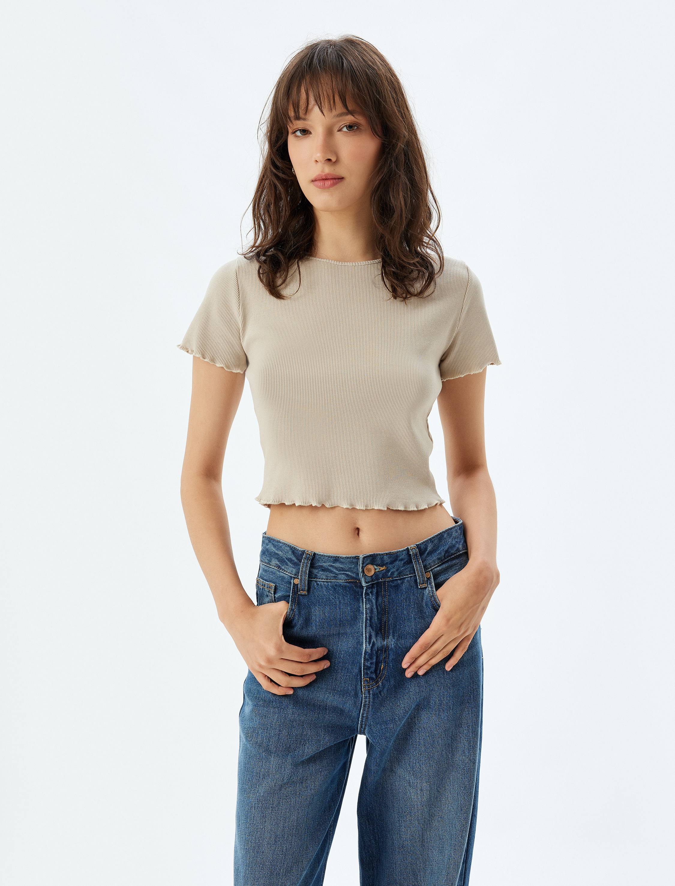   Kısa Kollu Bisiklet Yaka Pamuklu Crop Fitilli Tişört