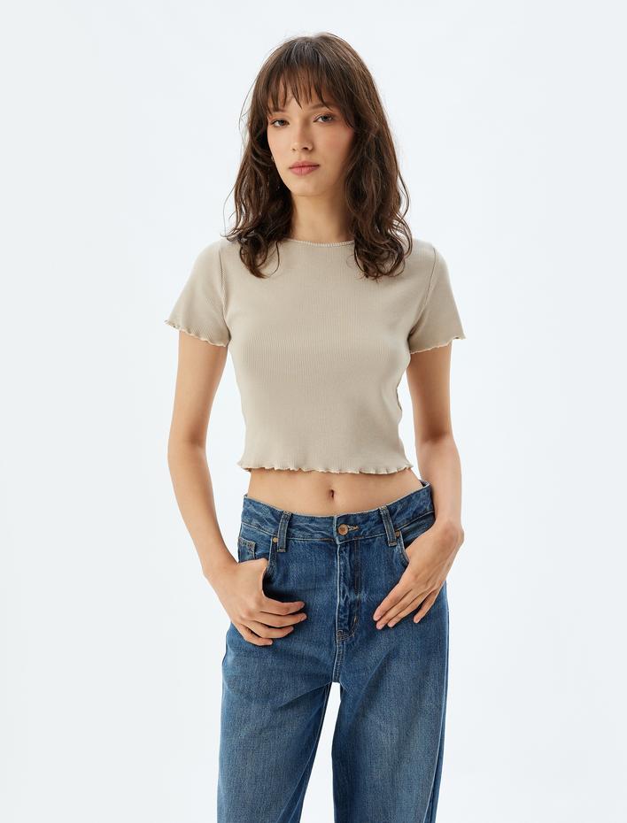  Kısa Kollu Bisiklet Yaka Pamuklu Crop Fitilli Tişört