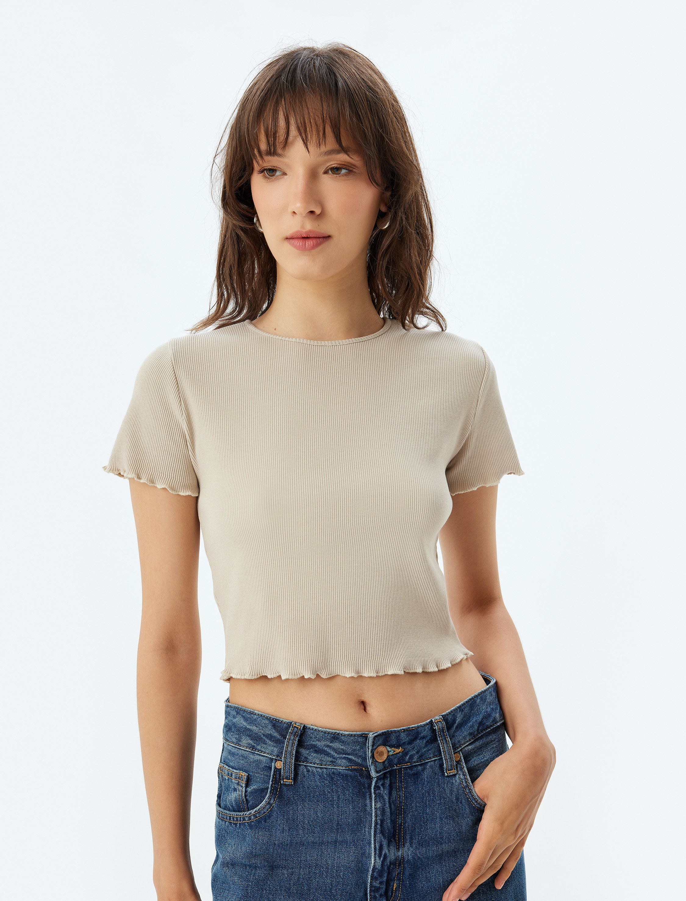   Kısa Kollu Bisiklet Yaka Pamuklu Crop Fitilli Tişört