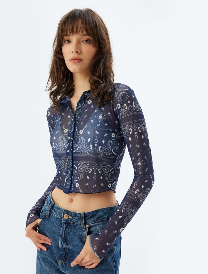  Yarı Transparan Tül Crop Gömlek Floral Desenli Uzun Kollu