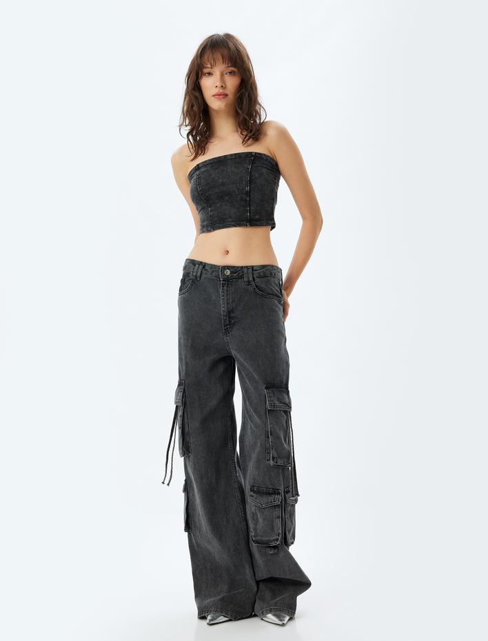  Crop Straplez Büstiyer Soluk Efektli Pamuklu Slim Fit