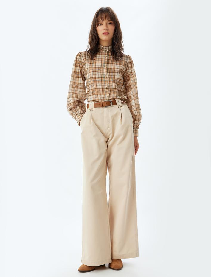  Hakim Yaka Gömlek Fırfır Detaylı Uzun Kollu Pamuklu