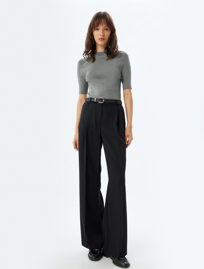  Kısa Kollu Triko Kazak Dik Yaka Fitilli