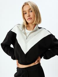 Crop Sweatshirt Yarım Fermuarlı Renk Bloklu Dik Yaka Üç İplik Şardonlu