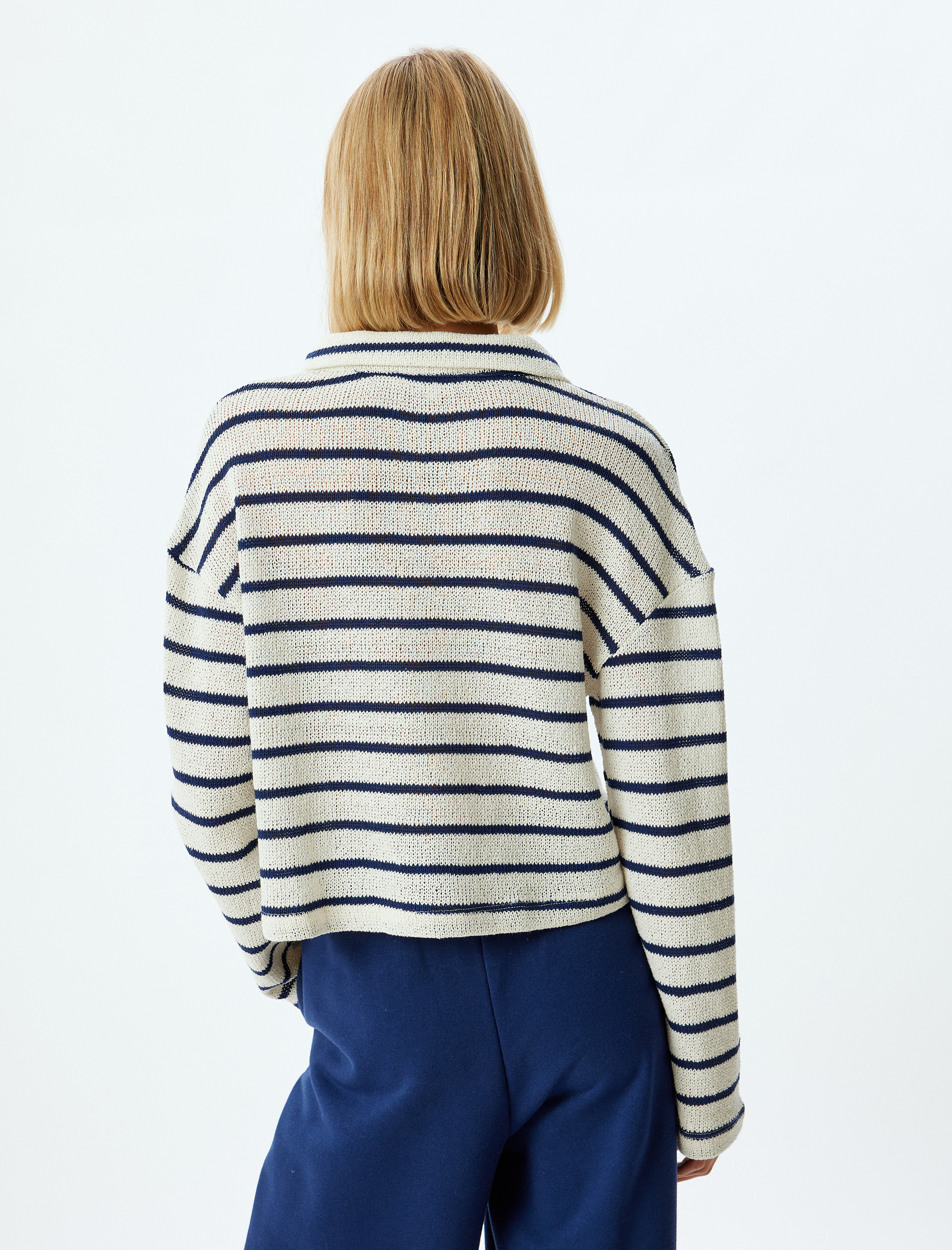   Polo Yaka Crop Kazak İnce Örme Uzun Kollu