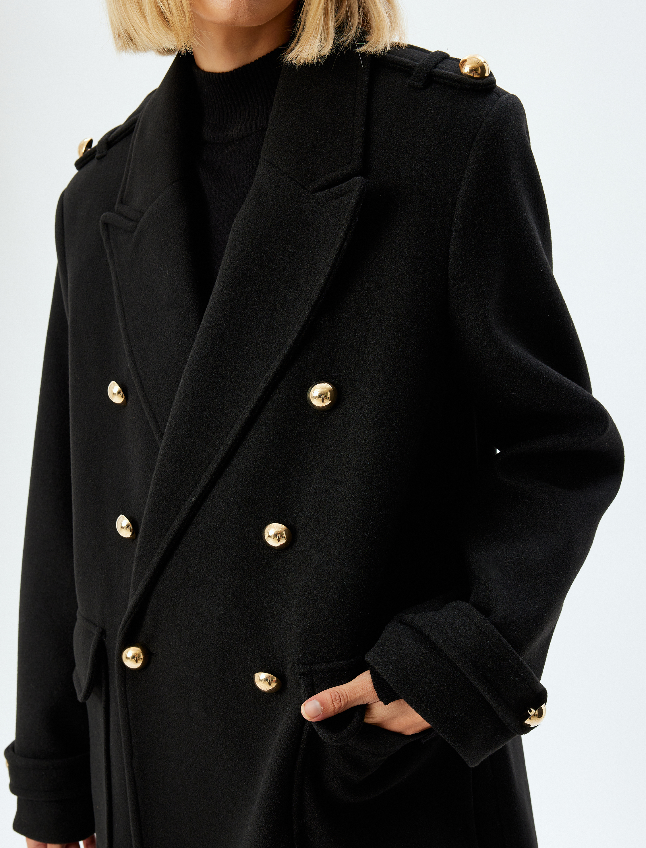   Uzun Kaşe Kaban Kruvaze Düğmeli Cepli