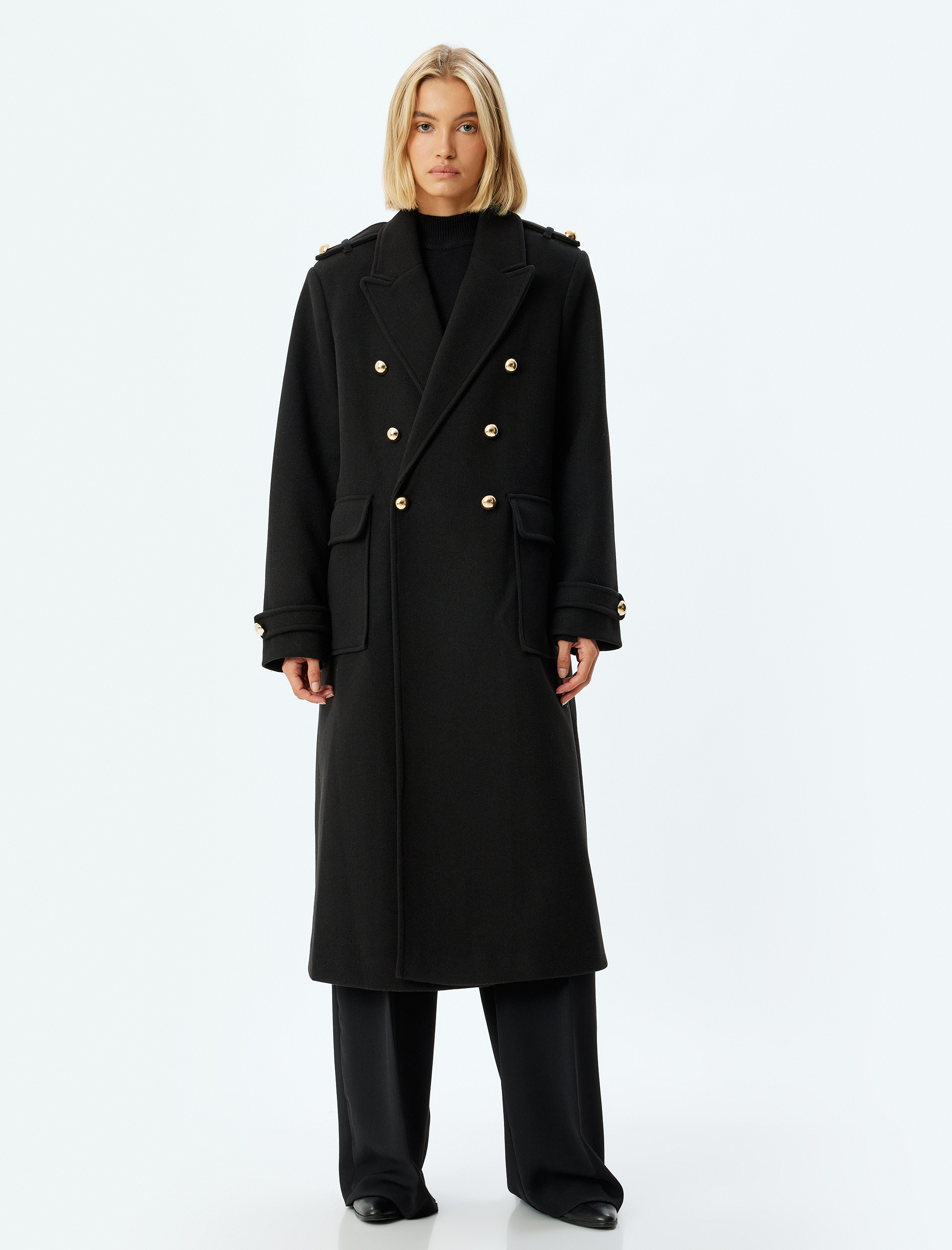   Uzun Kaşe Kaban Kruvaze Düğmeli Cepli