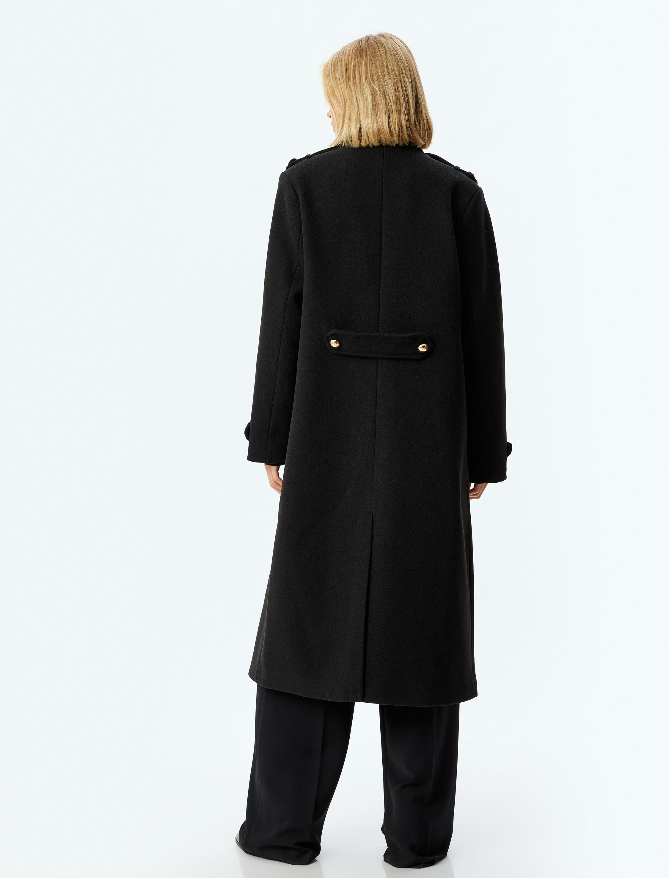   Uzun Kaşe Kaban Kruvaze Düğmeli Cepli