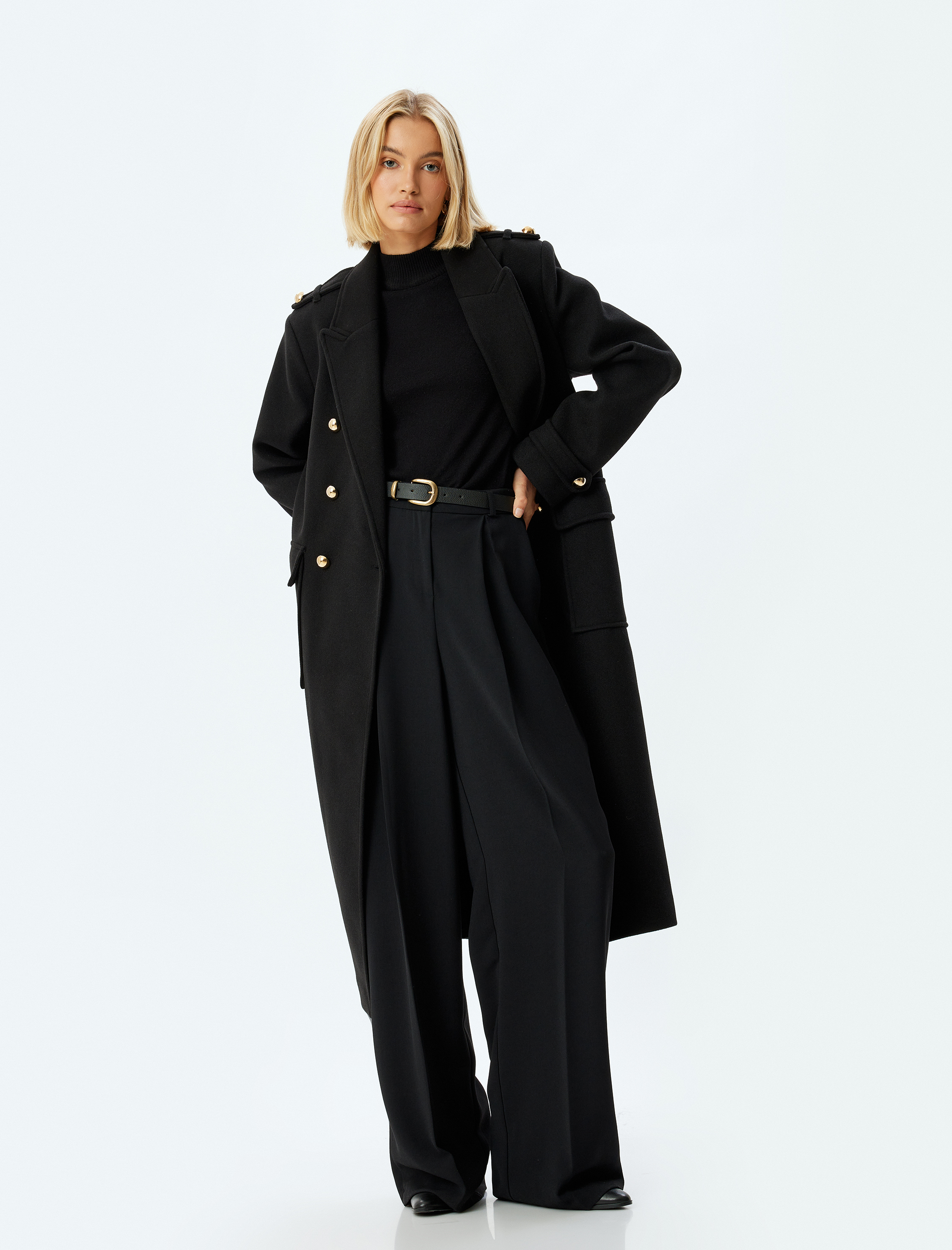   Uzun Kaşe Kaban Kruvaze Düğmeli Cepli