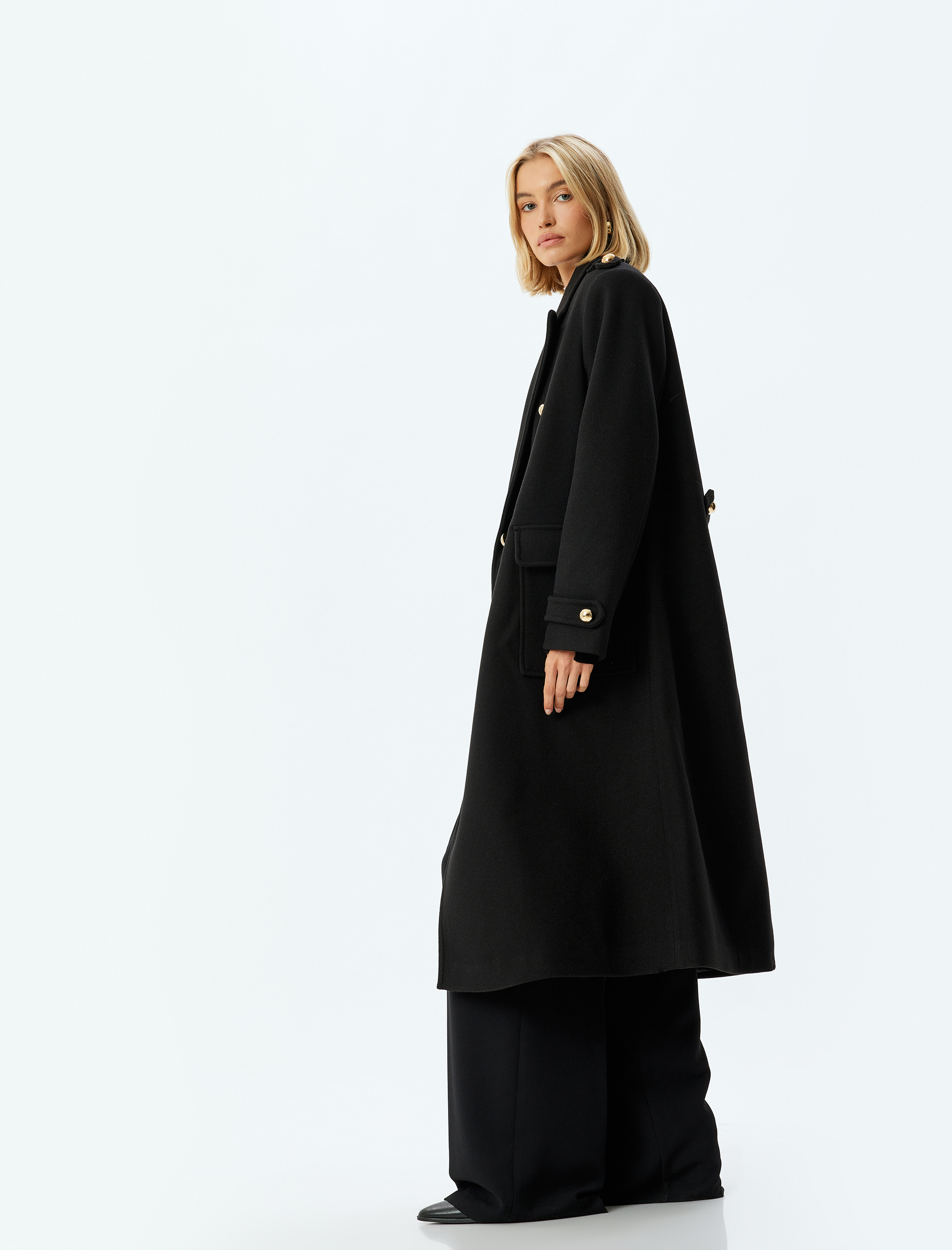   Uzun Kaşe Kaban Kruvaze Düğmeli Cepli