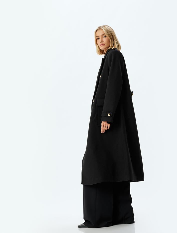  Uzun Kaşe Kaban Kruvaze Düğmeli Cepli