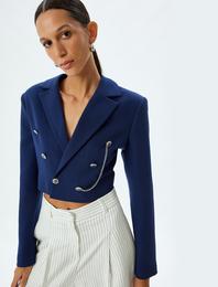 Kruvaze Crop Blazer Ceket Ters Yaka Armürlü Zincir Detaylı Düğmeli