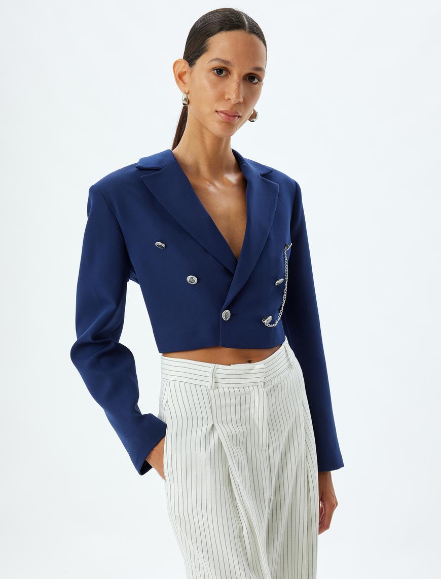   Kruvaze Crop Blazer Ceket Ters Yaka Armürlü Zincir Detaylı Düğmeli