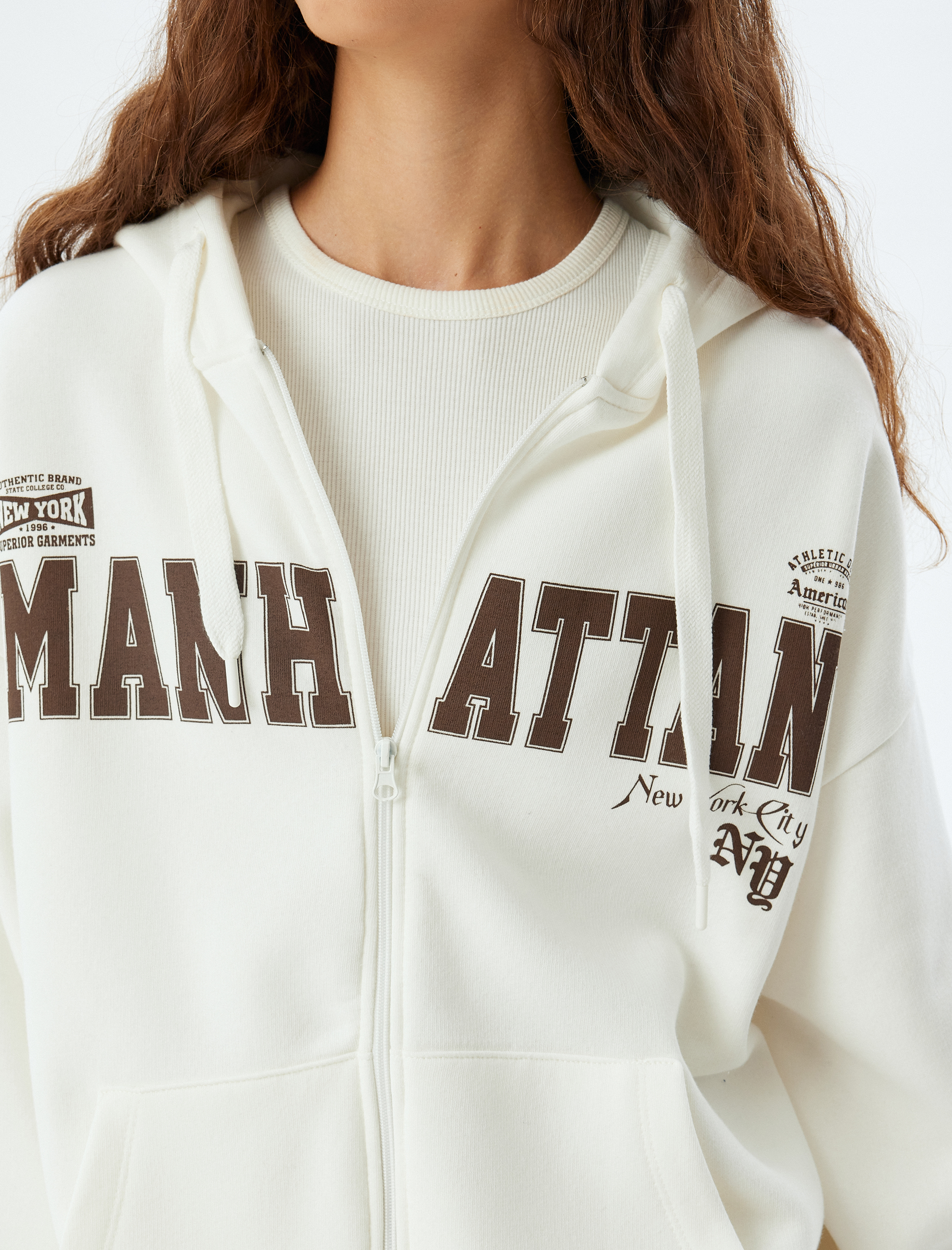   Şardonlu Oversize Sweatshirt Fermuarlı Kapüşonlu Arkası Baskılı Cep Detaylı