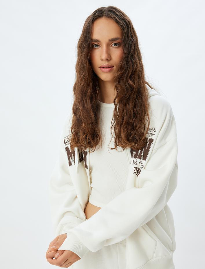  Şardonlu Oversize Sweatshirt Fermuarlı Kapüşonlu Arkası Baskılı Cep Detaylı
