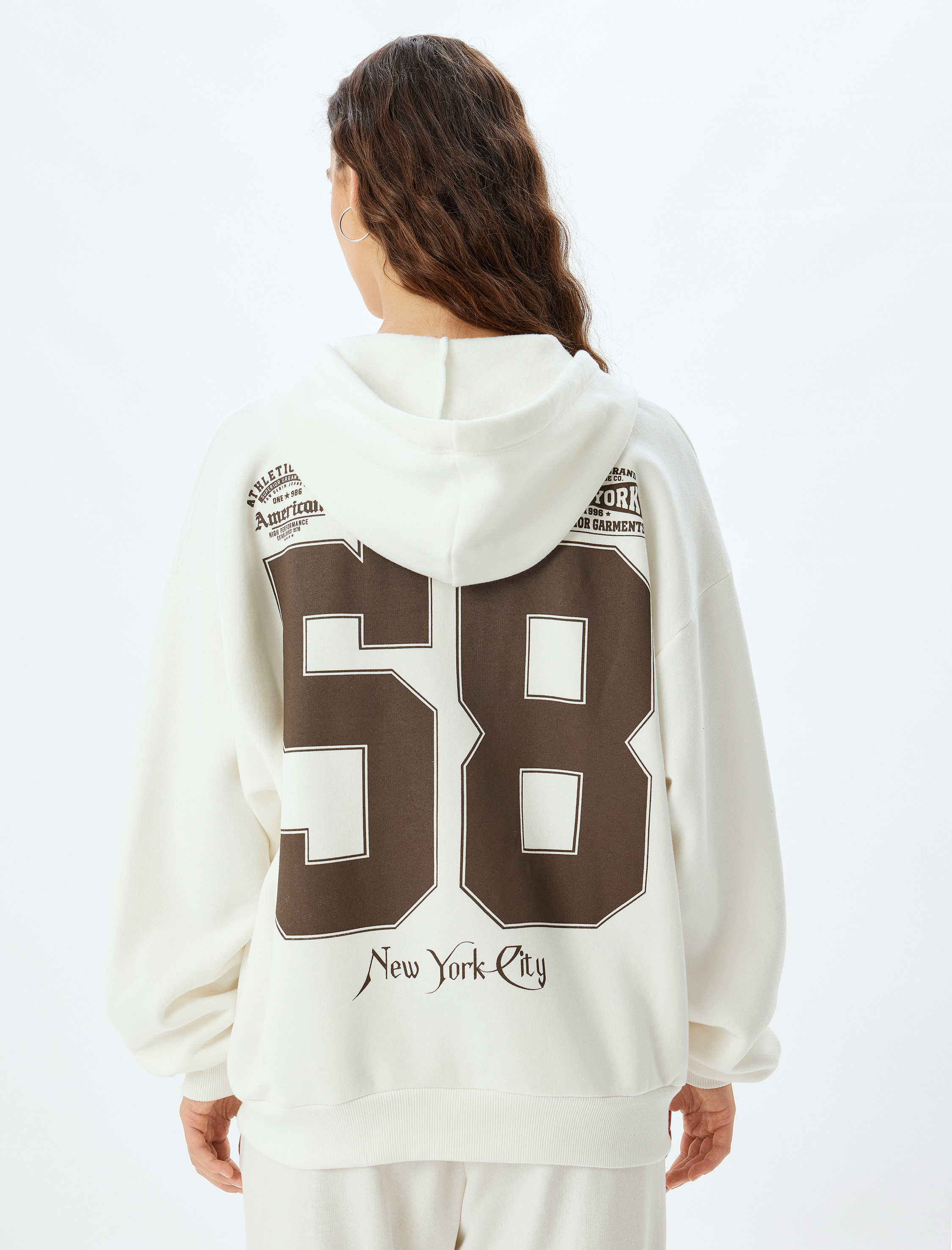   Şardonlu Oversize Sweatshirt Fermuarlı Kapüşonlu Arkası Baskılı Cep Detaylı