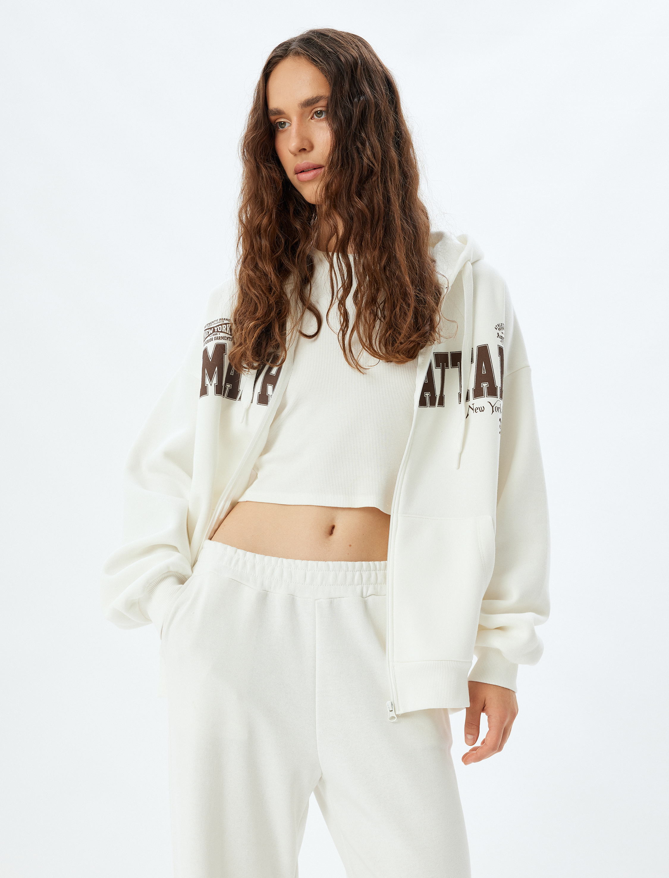   Şardonlu Oversize Sweatshirt Fermuarlı Kapüşonlu Arkası Baskılı Cep Detaylı