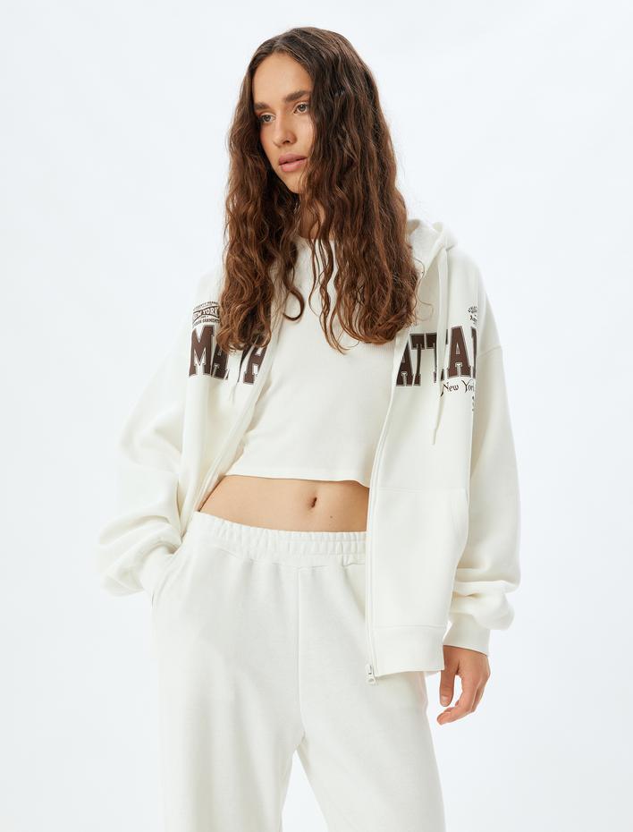  Şardonlu Oversize Sweatshirt Fermuarlı Kapüşonlu Arkası Baskılı Cep Detaylı