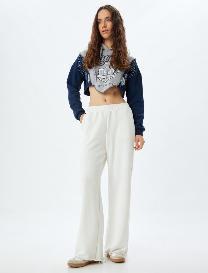  Şardonlu Crop Kapşonlu Sweatshirt Asimetrik Baskılı Renk Bloklu